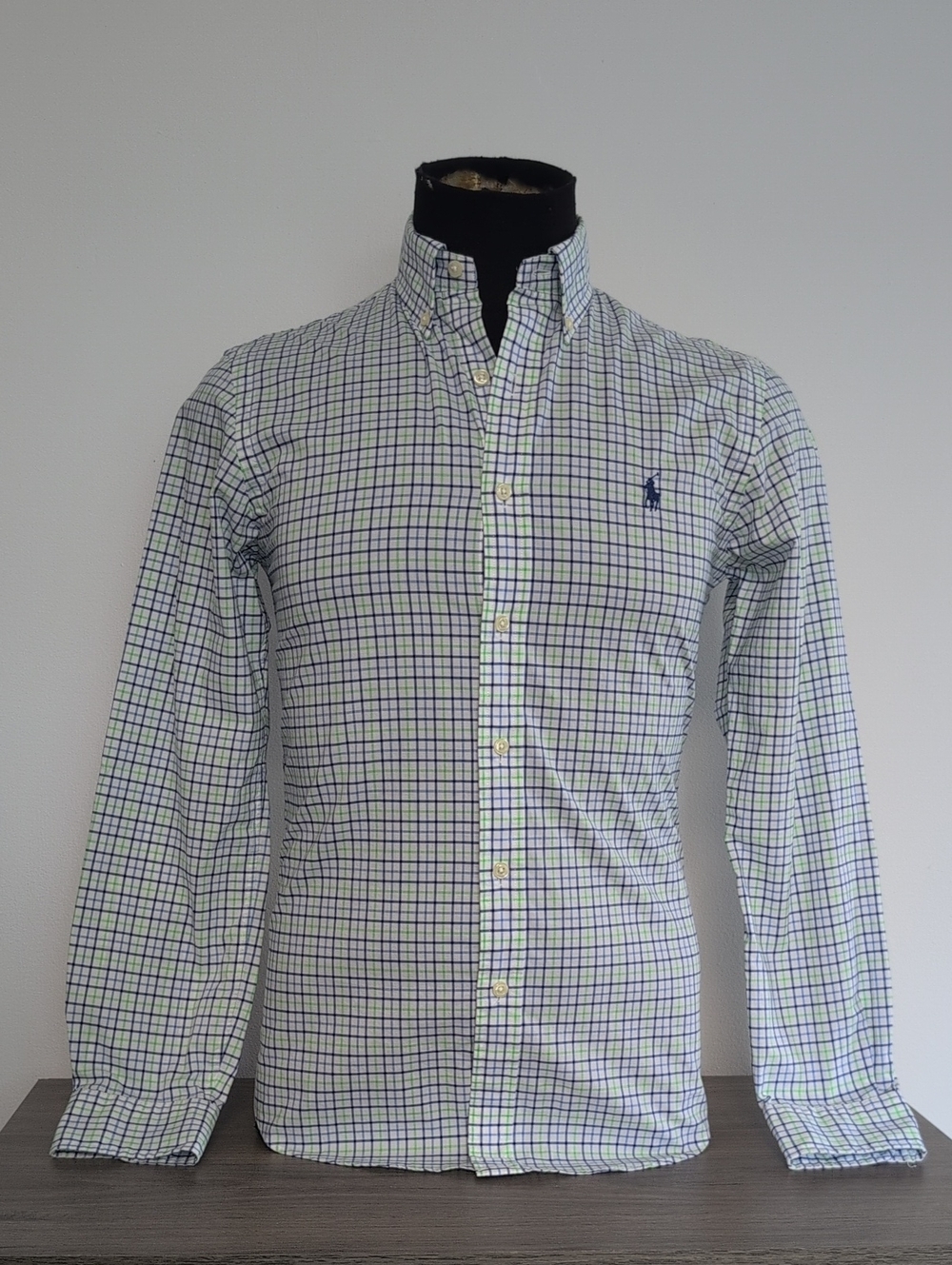 S Classic Buttoned Down Plaid By Ralph Lauren Green & Blue Plaid On White
